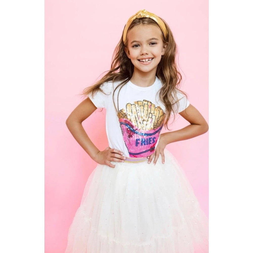 Lola And The Boys French Fries‎ Sequin Crewneck White T-shirt Size 12